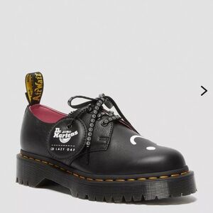 Dr. Martens Black Leather Lace-Up Oxfords with White Graphic & Yellow Stitching